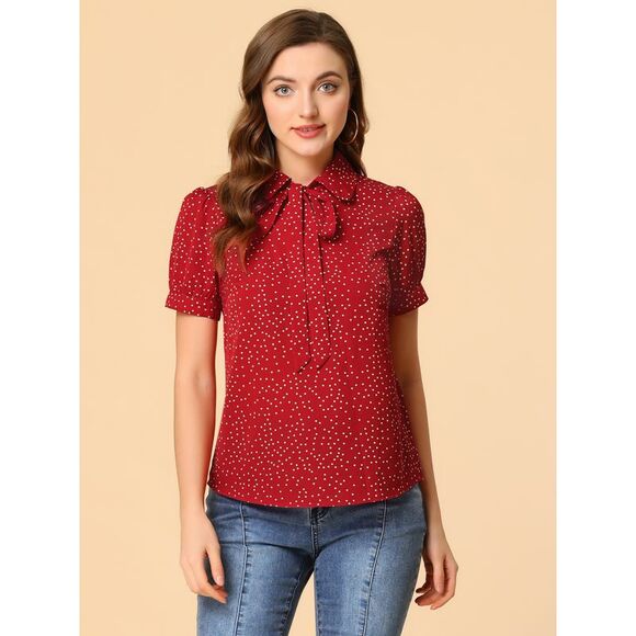 Dots Blouses Bow Tie Peter Pan Collar Chiffon Blouse Red - Picture 2 of 6